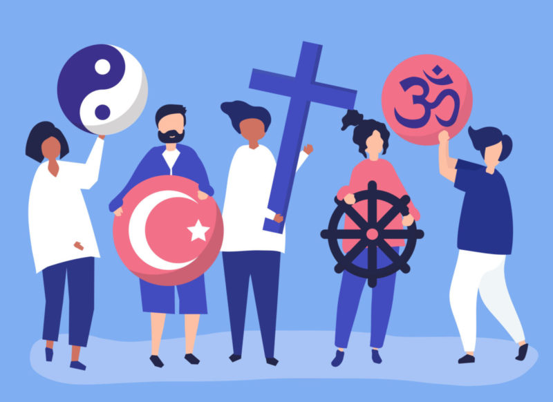 People holding diverse religious symbols illustration